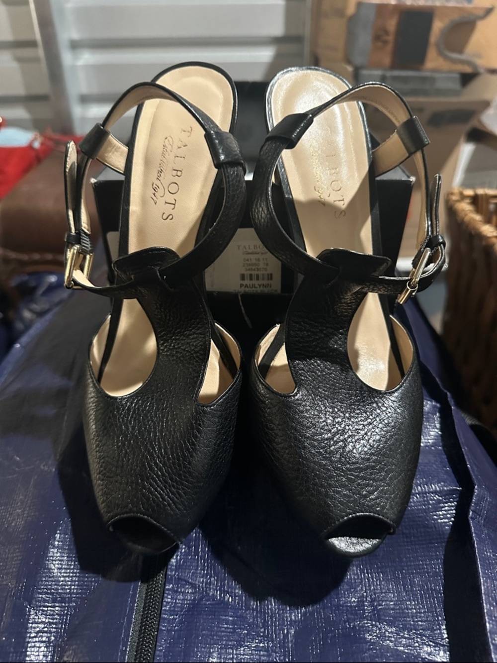 Talbots Black Leather Peep-Toe platform Slingback Heels with Buckle 8 1/2 m